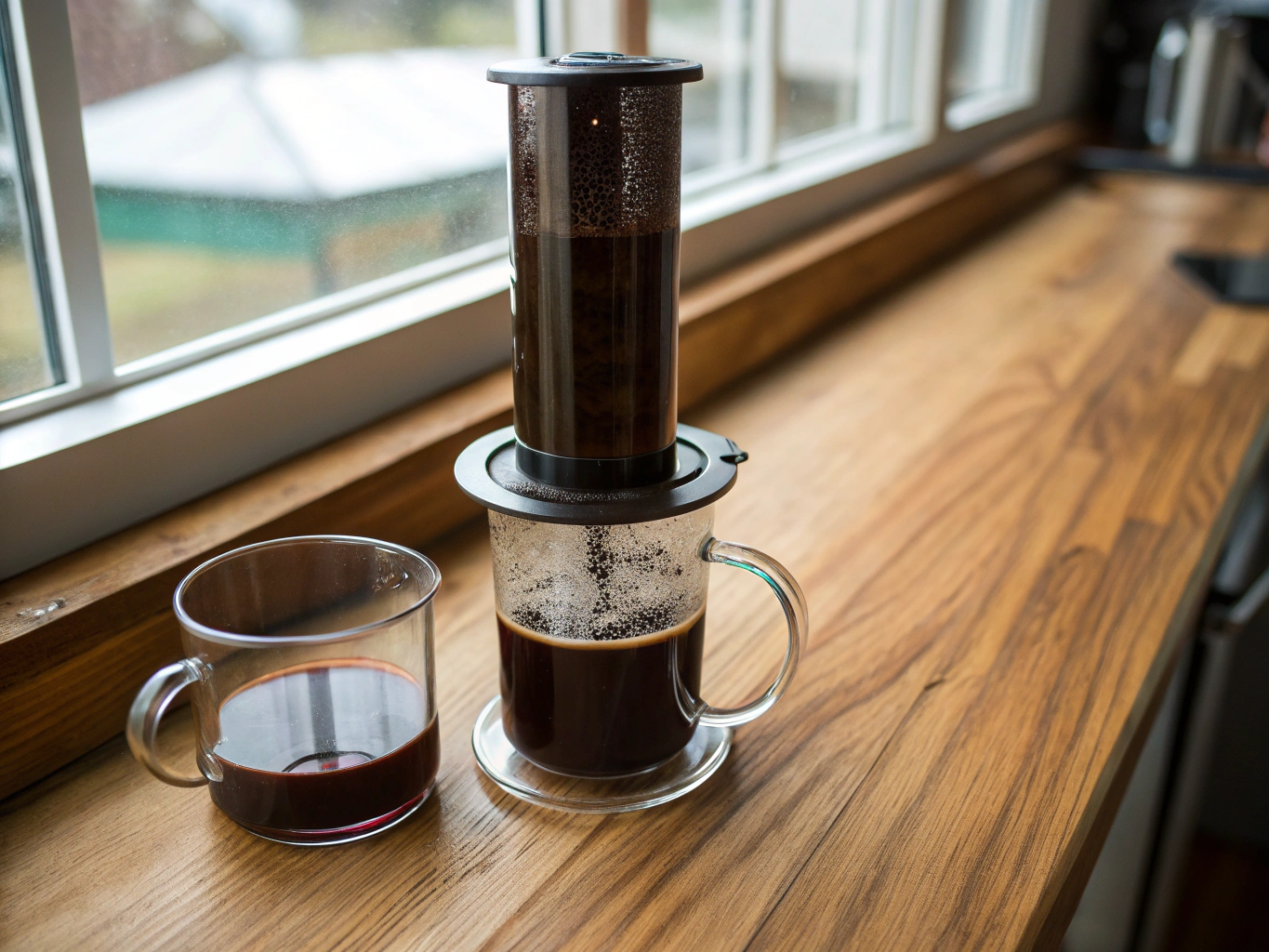 AeroPress in use on a wooden countertop