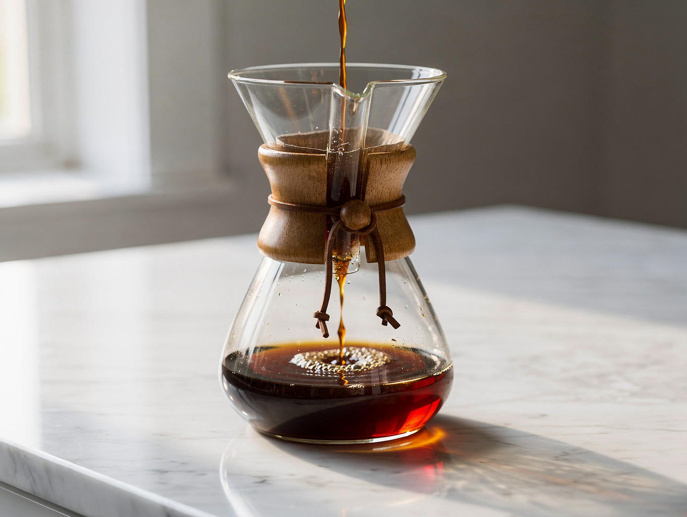 Chemex coffee maker with golden coffee being brewed