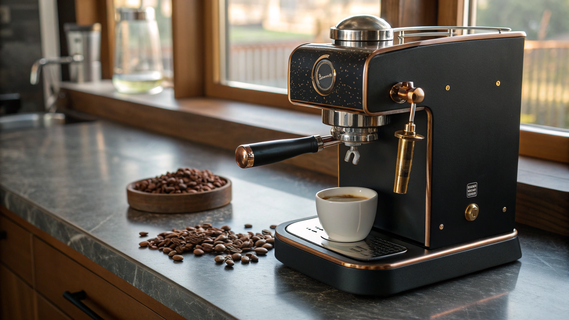 A professional home coffee bar setup with a high-end espresso machine in warm morning light