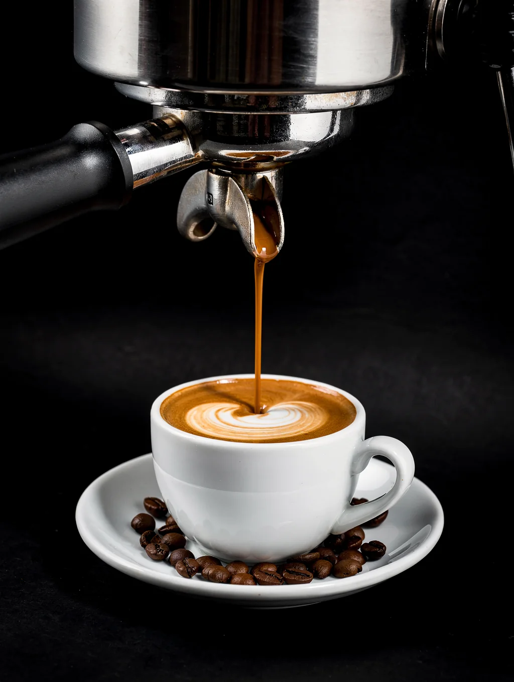 Close up of a professional espresso machine group head with steam and chrome details