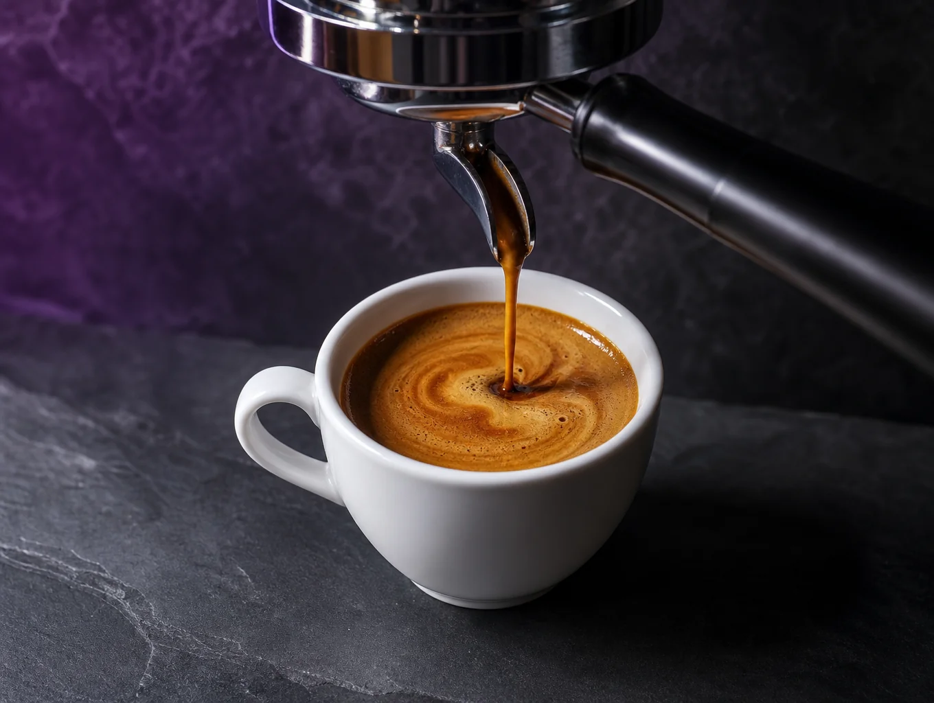 Espresso shot pulling from a machine into a small cup