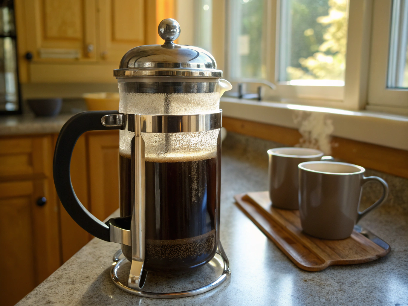 French press with freshly brewed coffee being pressed