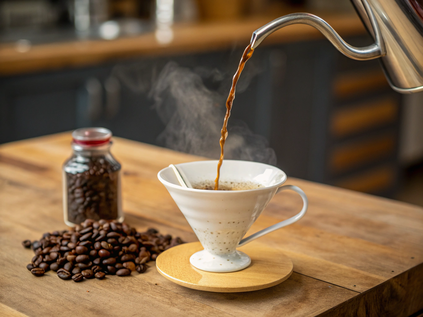 V60 pour-over brewing with water cascading over coffee grounds
